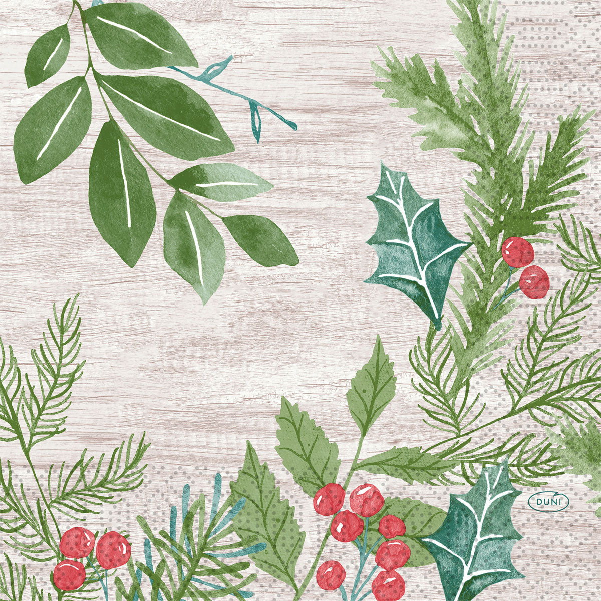 Wintergrün im Aquarellstil mit Tanne, Stechpalme und Blättern auf Holzuntergrund - ideal für festliche Tischdekorationen. Servietten 33x33 3-lagig 1/4 Winter Greenery von Duni GmbH, Packung (50 Stück).