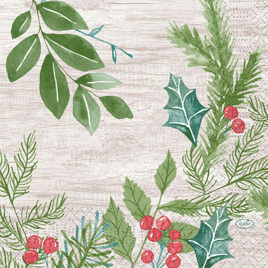 Wintergrün im Aquarellstil mit Tanne, Stechpalme und Blättern auf Holzuntergrund - ideal für festliche Tischdekorationen. Servietten 33x33 3-lagig 1/4 Winter Greenery von Duni GmbH, Packung (50 Stück).
