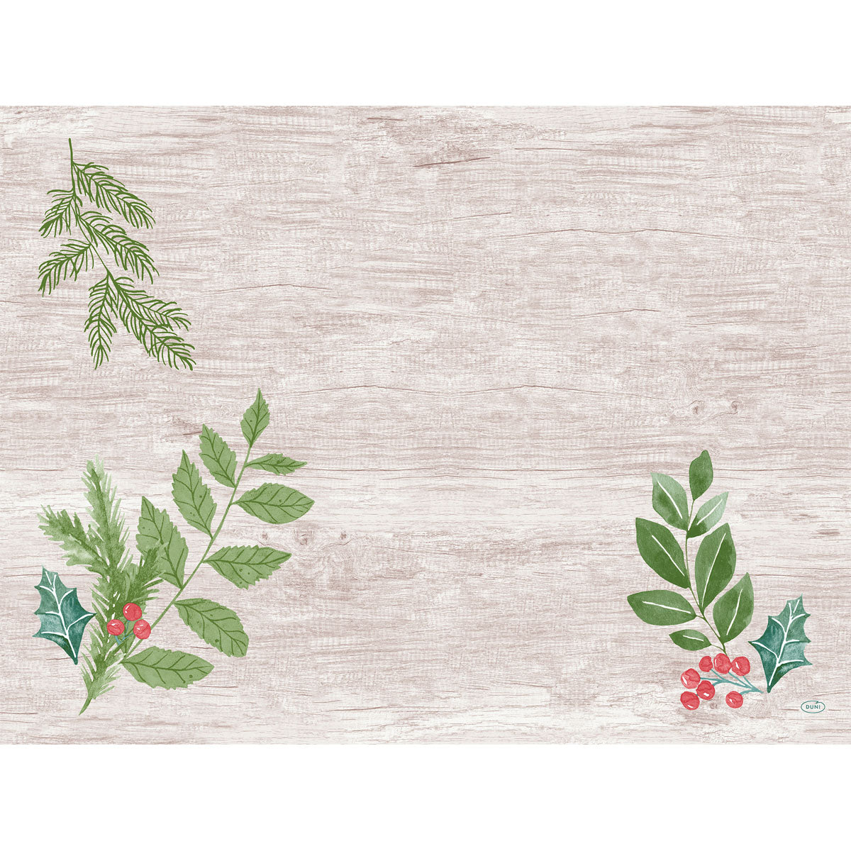 Ein heller Holzhintergrund mit grünen Blättern und roten Beeren in den Ecken, ideal für die Präsentation von Dunicel-Sets 30x40 der Duni GmbH. Die Mitte ist leer und bietet Platz für Text oder andere Inhalte.