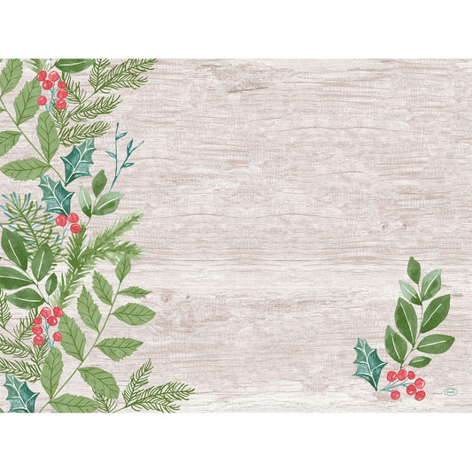 Ein heller, holzstrukturierter Hintergrund mit winterlichem Grün - grüne Blätter und rote Beeren - in den Ecken, wobei die Mitte weitgehend frei bleibt. Perfekt für Duni GmbH Papier-Tischsets 30x40cm Winter Greenery | Packung (250 Stück).