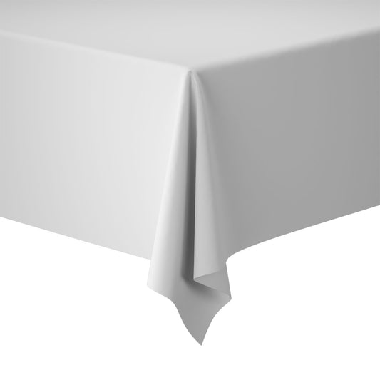 Eine Nahaufnahme einer Tischecke, die elegant mit der Duni GmbH weiß 60343 | Packung (1 Stück) Tischdecke drapiert ist und einen stilvollen Akzent vor dem klaren weißen Hintergrund setzt.