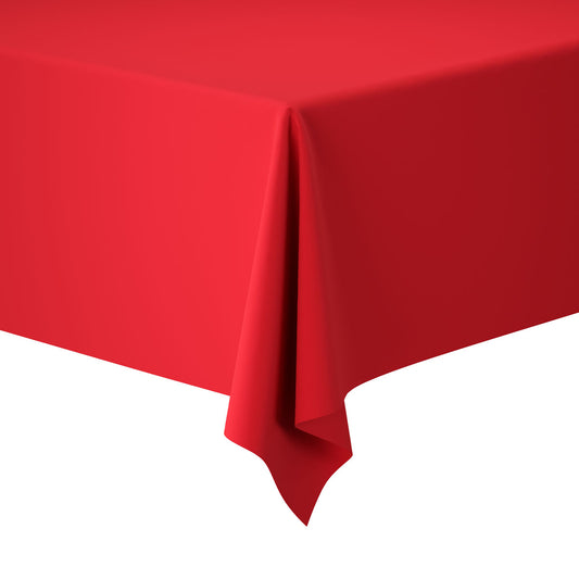 Eine leuchtend rote rechteckige Tischdecke (rot 60343, 1 Stück, Duni GmbH) bedeckt den Tisch mit herabhängender Ecke vor schlicht weißem Hintergrund.