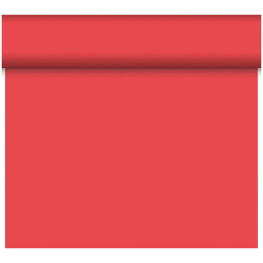 Eine Rolle rotes Papier der Duni GmbH rot 61094 (Packung, 1 Stück) wird auf einem einfarbig weißen Hintergrund teilweise abgerollt und zeigt eine glatte Oberfläche mit einer sichtbaren horizontalen Falte in der Nähe des oberen Rollenanfangs.