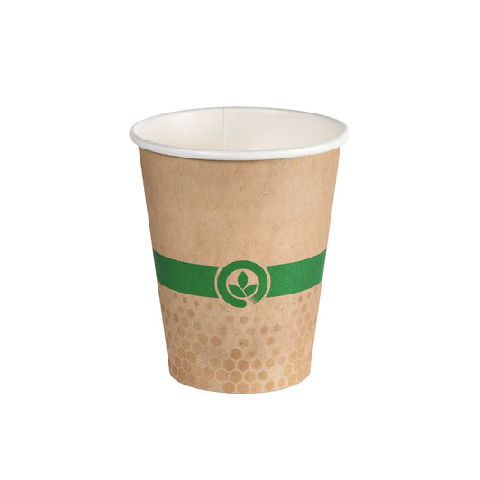 Die Duni GmbH Melli Becher Becher Single Wall 350 ml hat ein braunes Design mit grünem Band, zentralem Blattsymbol, dezentem Wabenmuster in Bodennähe, weißer Innenseite und ist aus bedrucktem Karton mit Beschichtung auf Wasserbasis hergestellt. Packung mit 30 Stück.