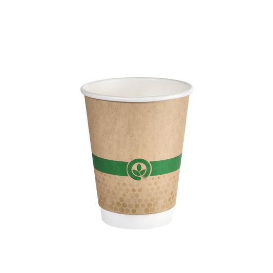 A Duni GmbH Melli Cups Becher Double Wall 470 ml, bedruckt mit Pappe und Beschichtung auf Wasserbasis, steht aufrecht vor weißem Hintergrund und zeigt das umweltfreundliche Design der Packung (18 Stück).