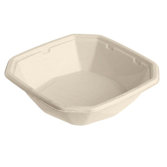 Die Octabagasse Schale 400 ml von Duni GmbH, unbeschichtet aus brauner Bagasse (152x152x38 mm), ist sechseckig mit leicht geneigten Seiten, schlicht ohne Deko und wird im 50er-Pack angeboten.