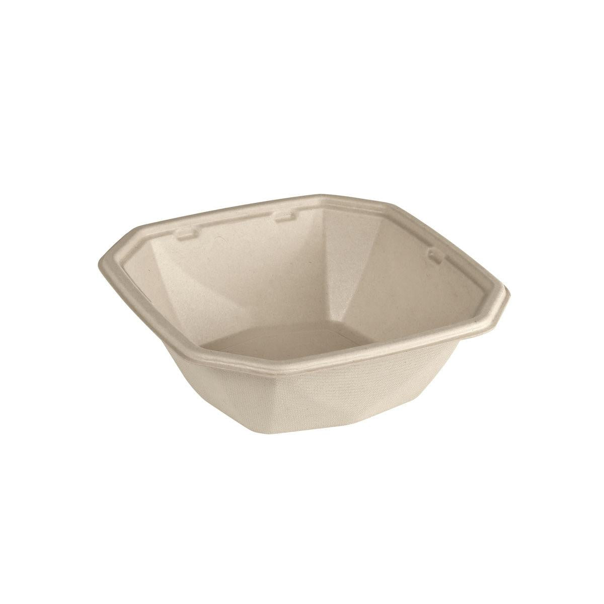 Abgebildet ist eine quadratische, beige Octabagasse Schale 900 ml (183x183x60 mm) der Duni GmbH aus unbeschichteter, kompostierbarer Braun Bagasse Faser auf weißem Grund. Packung: 50 Stück.