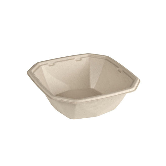 Abgebildet ist eine quadratische, beige Octabagasse Schale 900 ml (183x183x60 mm) der Duni GmbH aus unbeschichteter, kompostierbarer Braun Bagasse Faser auf weißem Grund. Packung: 50 Stück.