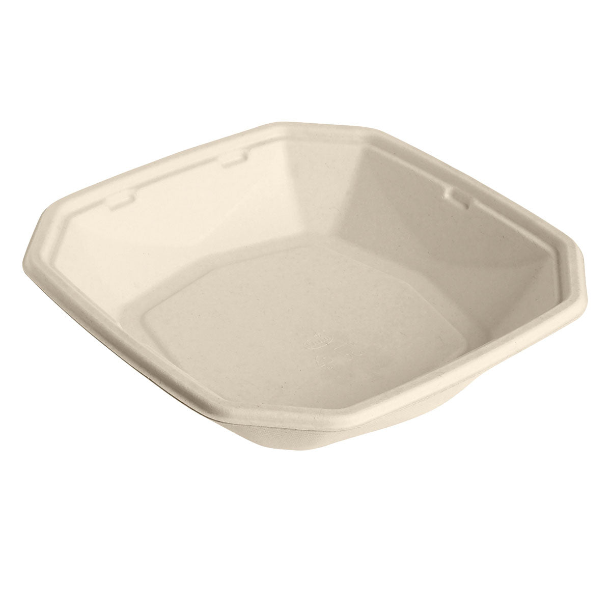 Eine braune, quadratische Octabagasse Schale 1000 ml von Duni GmbH (224x224x42mm), unbeschichtet und biologisch abbaubar, hergestellt aus umweltfreundlicher Bagasse; Packung mit 50 Stück - fotografiert auf weißem Hintergrund.