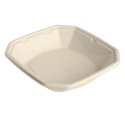 Eine braune, quadratische Octabagasse Schale 1000 ml von Duni GmbH (224x224x42mm), unbeschichtet und biologisch abbaubar, hergestellt aus umweltfreundlicher Bagasse; Packung mit 50 Stück - fotografiert auf weißem Hintergrund.