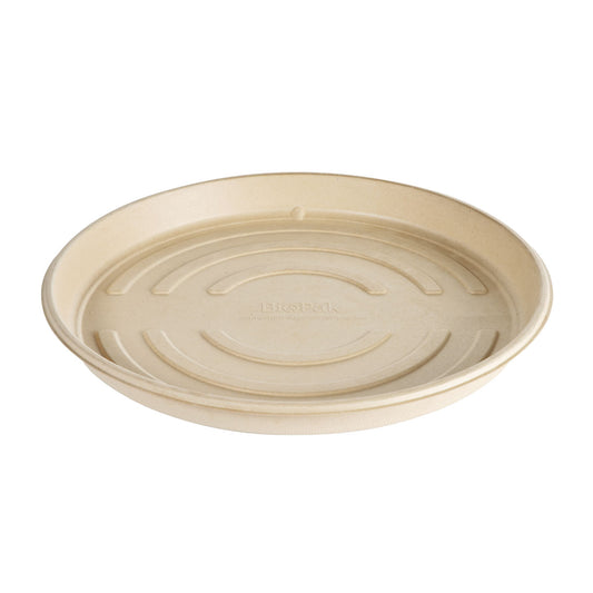 Eine runde, beige Pizzabox (unbeschichtete Braun Bagasse, 356x356x34mm) von Duni GmbH. Umweltfreundlich und kompostierbar, ideal als umweltfreundliche Pizzaverpackung zum Servieren von Pizza. Die Packung enthält 50 Stück.
