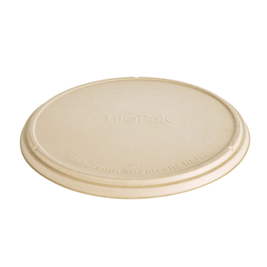 Der runde, beigefarbene, kompostierbare Deckel für Pizzabox der Duni GmbH aus unbeschichteter Braun Bagasse (363x363x19mm) hat eine glatte Oberfläche, einen leicht erhöhten Rand und die Prägung "BioPak" in der Mitte. Verpackung: 50 Stück. Geeignet für Pizzaboxen.