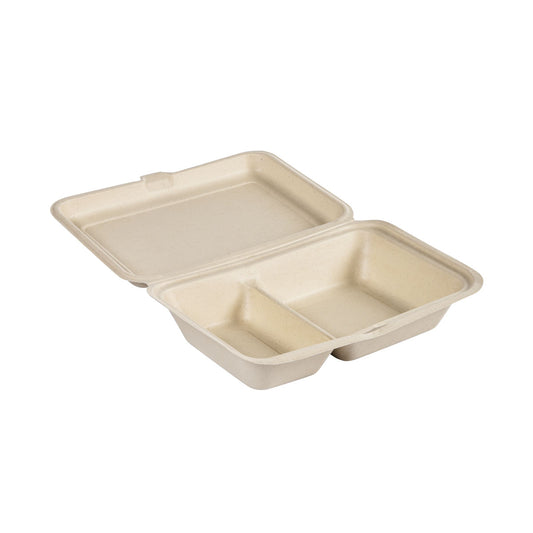 Eine Clamshell 470/300 ml - unbeschichtet 2 Braun Bagasse Verpackung (255x170x65 mm) von Duni GmbH, hergestellt aus nachhaltiger Lebensmittelverpackung, verfügt über zwei Fächer mit Scharnierdeckel und ist offen auf weißem Hintergrund abgebildet. Packung: 50 Stück.