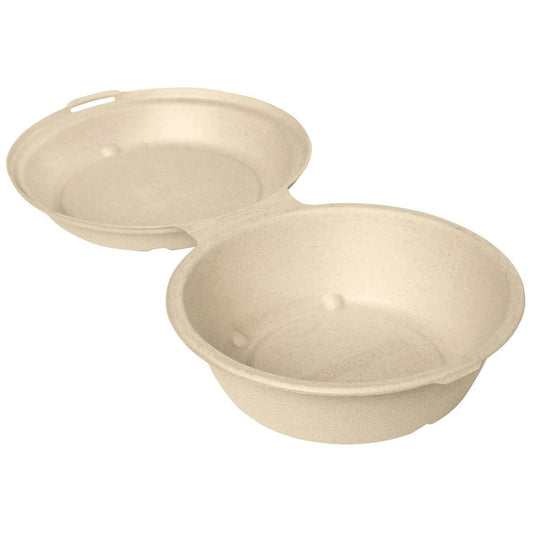 Abgebildet ist eine offene Snackbox 750 ml, Bagasse Braun (185x185x70 mm) der Duni GmbH mit zwei flachen, runden Hälften. Hergestellt aus umweltfreundlicher Bagasse; verkauft in Packungen zu 55 Stück.