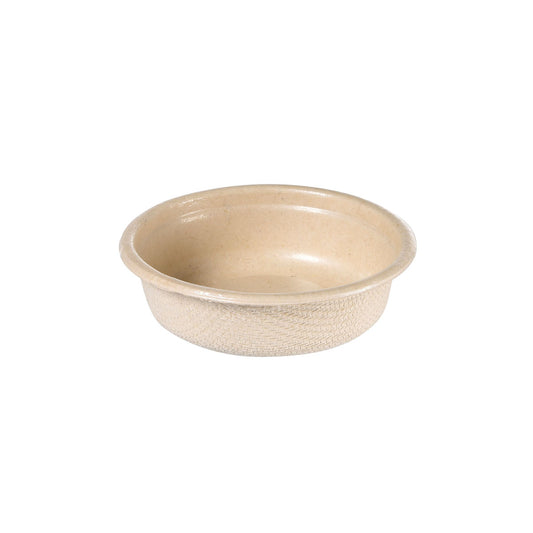Weißer, runder, flacher Dressingbecher 30 ml der Duni GmbH aus Bagasse mit PBAT/PLA-Beschichtung (65x65x18 mm, Packung mit 150 Stück), mit strukturierter Außenseite und glatter Innenseite, auf weißem Grund.