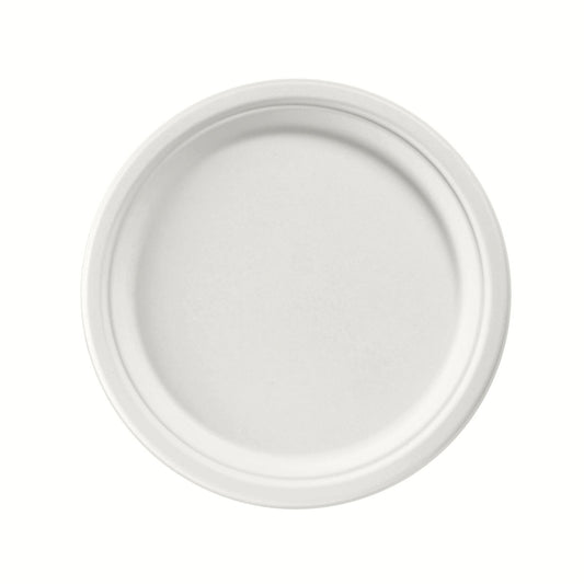 Ein runder, weißer Teller ø 26 cm aus unbeschichteter Bagasse von Duni GmbH (Packung mit 50 Stück), biologisch abbaubar und umweltfreundlich, fotografiert von oben vor weißem Hintergrund.