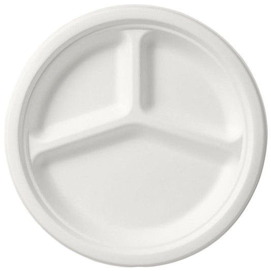 Ein runder, unbeschichteter Teller 3-geteilt ø 26 cm aus weißer Bagasse von Duni GmbH, dreifach unterteilt und umweltfreundlich, auf schlichter Unterlage in der Vogelperspektive fotografiert. Packung: 50 Stück.