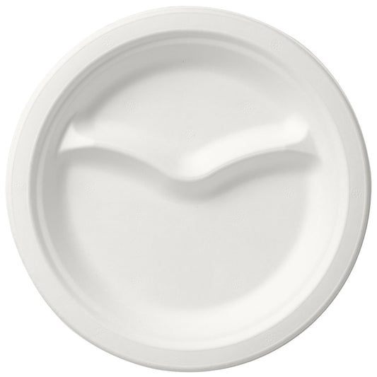 Der Duni GmbH Teller 2-geteilt ø 22 cm Weiss ist ein runder, unbeschichteter weißer Bagasse-Einwegteller mit zwei Fächern, die durch eine gebogene Trennwand getrennt sind. Wird in Packungen zu 50 Stück geliefert.