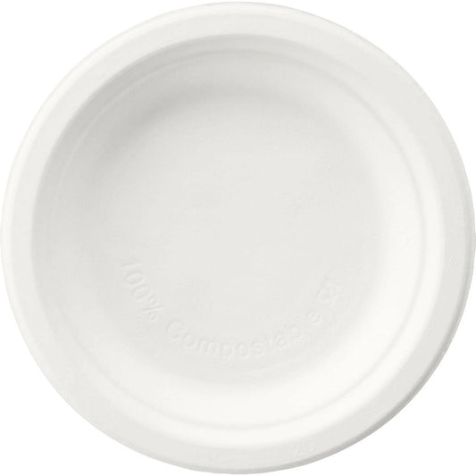 Ein runder, weißer Duni GmbH Teller ø 15 cm aus Bagasse (unbeschichtet) wird von oben auf weißem Hintergrund gezeigt. Der Einwegteller ist biologisch abbaubar, hat gewölbte Ränder und "100% kompostierbar" ist innen eingeprägt. Packung: 125 Stück.