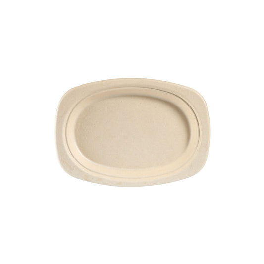 Ein leerer, ovaler 22 cm Braun Bagasse Teller (unbeschichtet, 230x265x20 mm) von Duni GmbH ist von oben auf weißem Hintergrund abgebildet. Der unbeschichtete Teller kommt in einer Packung von 60 Stück.