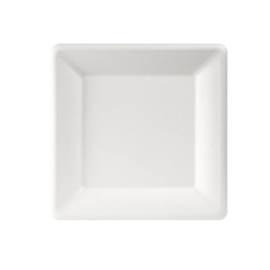 Eine 26x26 cm große weiße, quadratische, unbeschichtete Bagasse-Platte der Duni GmbH ist von oben nach unten auf weißem Hintergrund abgebildet - umweltfreundlich und biologisch abbaubar. Packung mit 50 Stück.