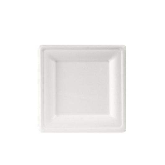 Der Duni GmbH Teller, quadratisch 20x20 cm Weiss aus unbeschichteter Bagasse wird auf weissem Hintergrund gezeigt. Das biologisch abbaubare Design macht ihn zu einer umweltfreundlichen Wahl. Die Packung enthält 50 Stück.