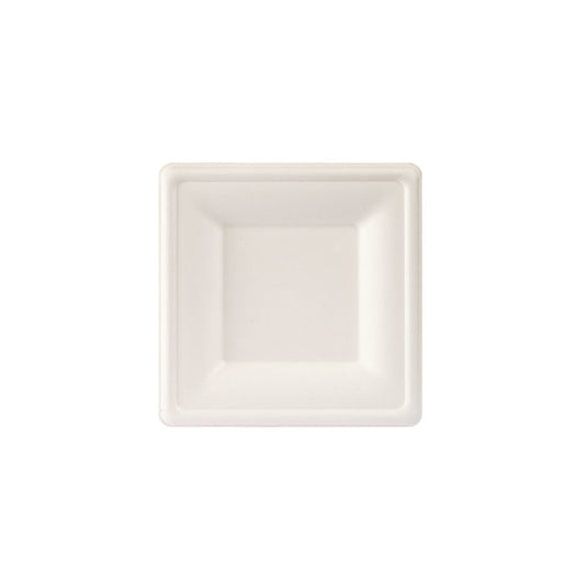 Der quadratische, weiße Einweg-Teller (16x16 cm) aus unbehandelter Bagasse von Duni GmbH ist zentriert abgebildet. Er eignet sich ideal als umweltfreundliches Einweg-Geschirr für nachhaltige Events (Packung: 50 Stück).