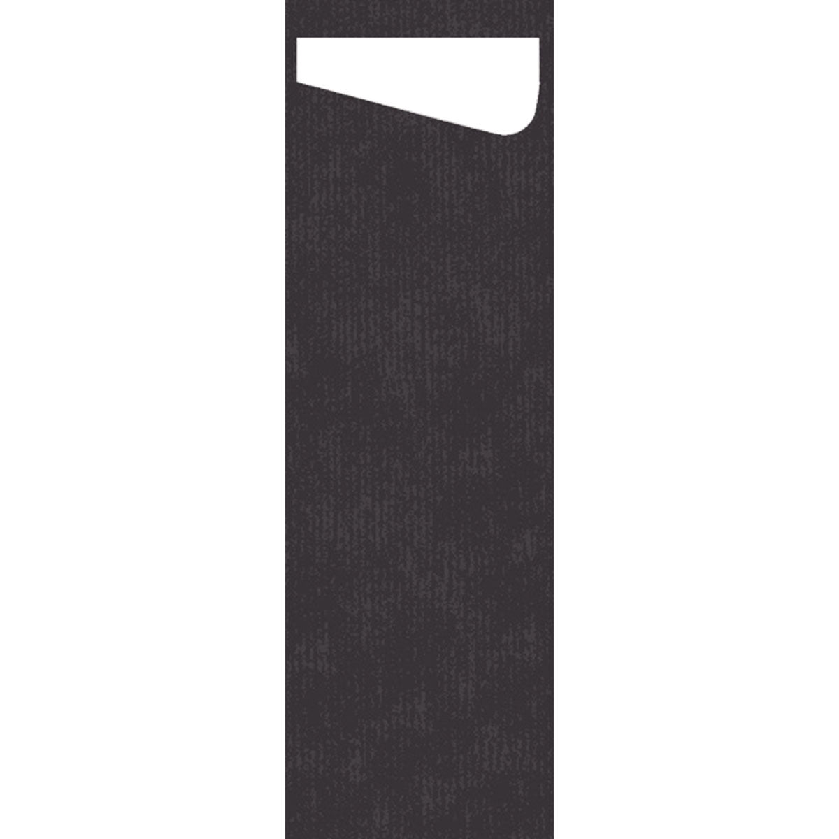 Eine senkrechte, schwarze, rechteckige Form mit einem weißen, schrägen Ausschnitt oben rechts ähnelt dem SACCHETTO Bio D-Soft Slim der Duni GmbH - ideal für umweltfreundlich zu waschende empfindliche Kleidung. Der Hintergrund ist einfarbig weiß.