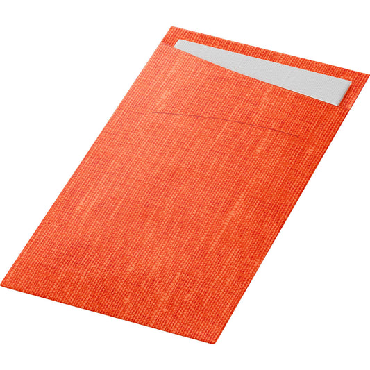 Der SACCHETTO Bio D-Soft sun orange/weiss von Duni GmbH ist eine strukturierte rechteckige Hülle mit weißer Klappe, ideal als umweltfreundlicher Beutel für nachhaltige Verpackungen. Die Packung enthält 60 Stück.