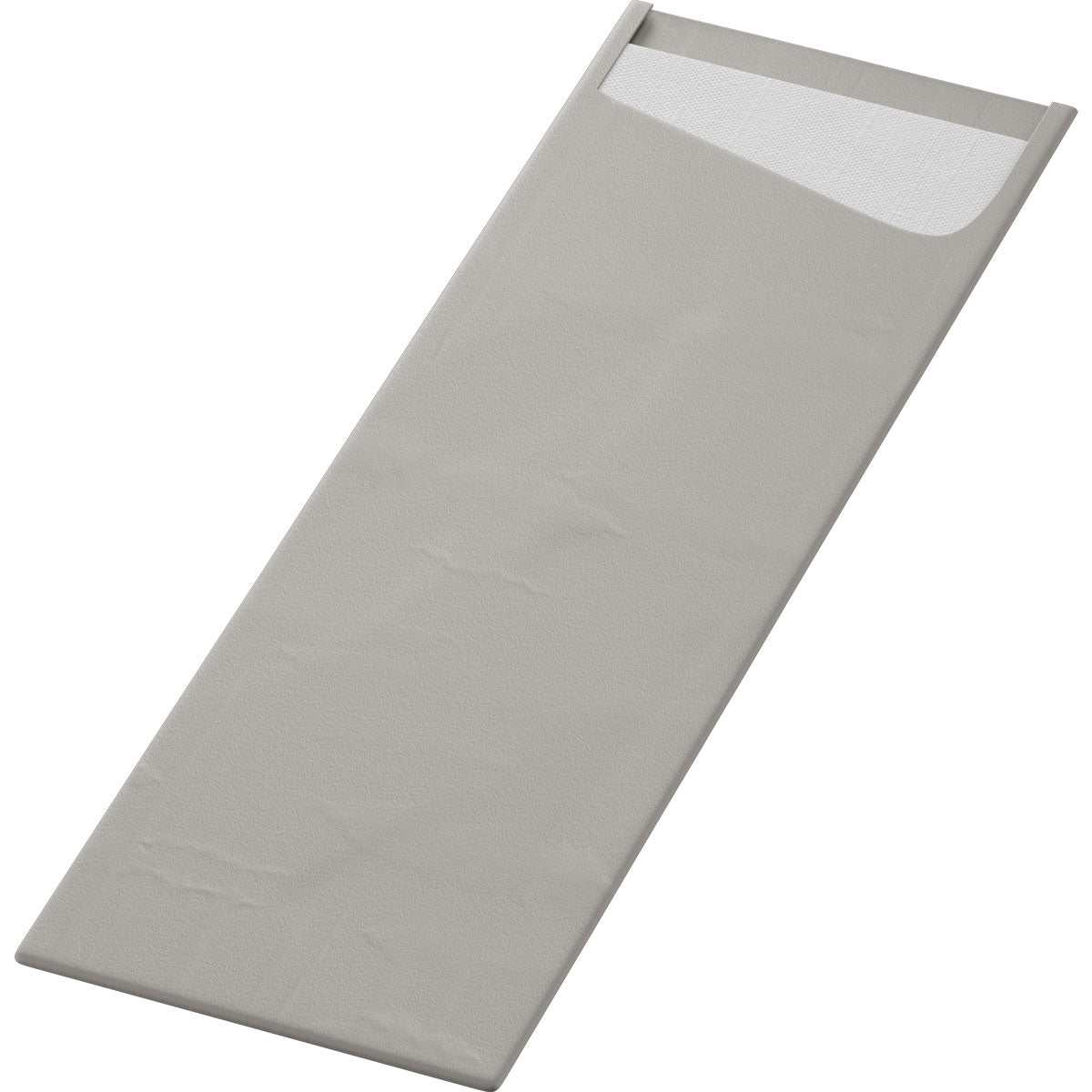 Die SACCHETTO Bio D-Soft Slim von Duni GmbH ist eine graue, rechteckige Tasche mit strukturierter Oberfläche und offenem Ende, die ein weißes Innenfutter zeigt. Sie wird flach auf weißem Hintergrund präsentiert - ideal für empfindliche Kleidung.
