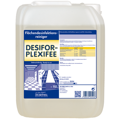 Ein 10-Liter-Kunststoffbehälter von DR.SCHNELL Desifor PlexiFee Flächendesinfektionsmittel, begrenzt viruzid PLUS, mit einem blau-weißen Etikett mit Produktinformationen, Anwendungshinweisen und Sicherheitswarnungen.