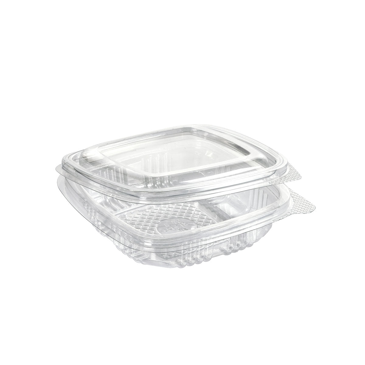 Der rPET Deli Hinged Transparent Lebensmittelbehälter der Duni GmbH ist geschlossen und leer abgebildet. Er hat ein klares Muscheldesign und einen Scharnierdeckel, der auf einem schlichten weißen Hintergrund steht.