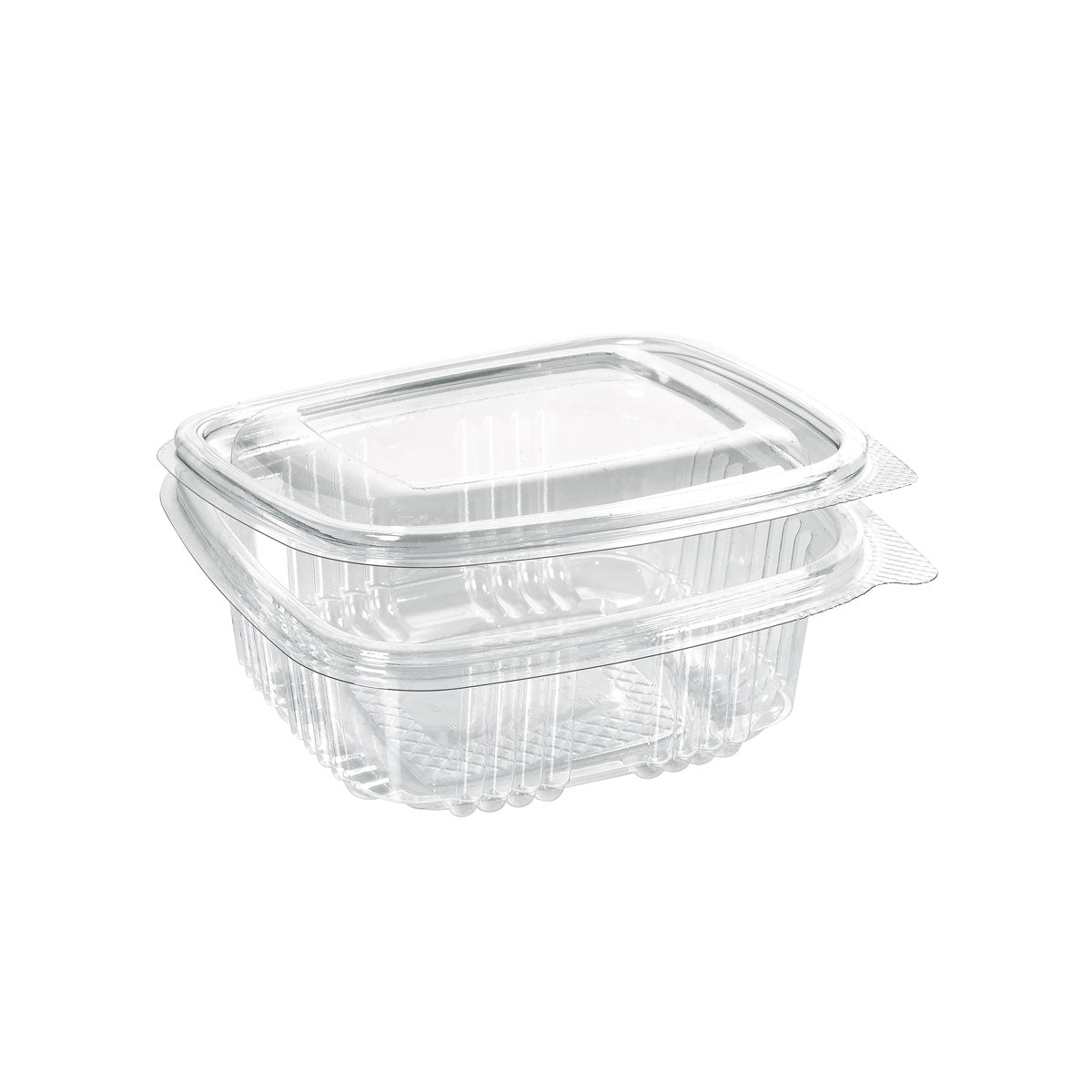 Der rPET Deli Hinged Transparent von Duni GmbH ist ein klarer, rechteckiger Lebensmittelbehälter aus recyceltem PET. Er ist geschlossen und leer auf weißem Hintergrund abgebildet und verfügt über einen Scharnierdeckel zur sicheren Aufbewahrung.