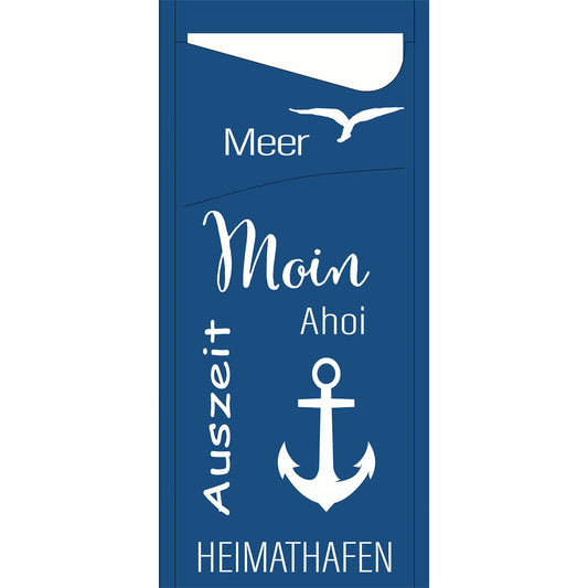 Die Meer Freude 57110 Packung (100 Stück) von Duni GmbH zeigt einen blauen Hintergrund mit weißem Schriftzug, Möwe und Anker - perfekt für kreative Projekte zum Thema Strandurlaub.