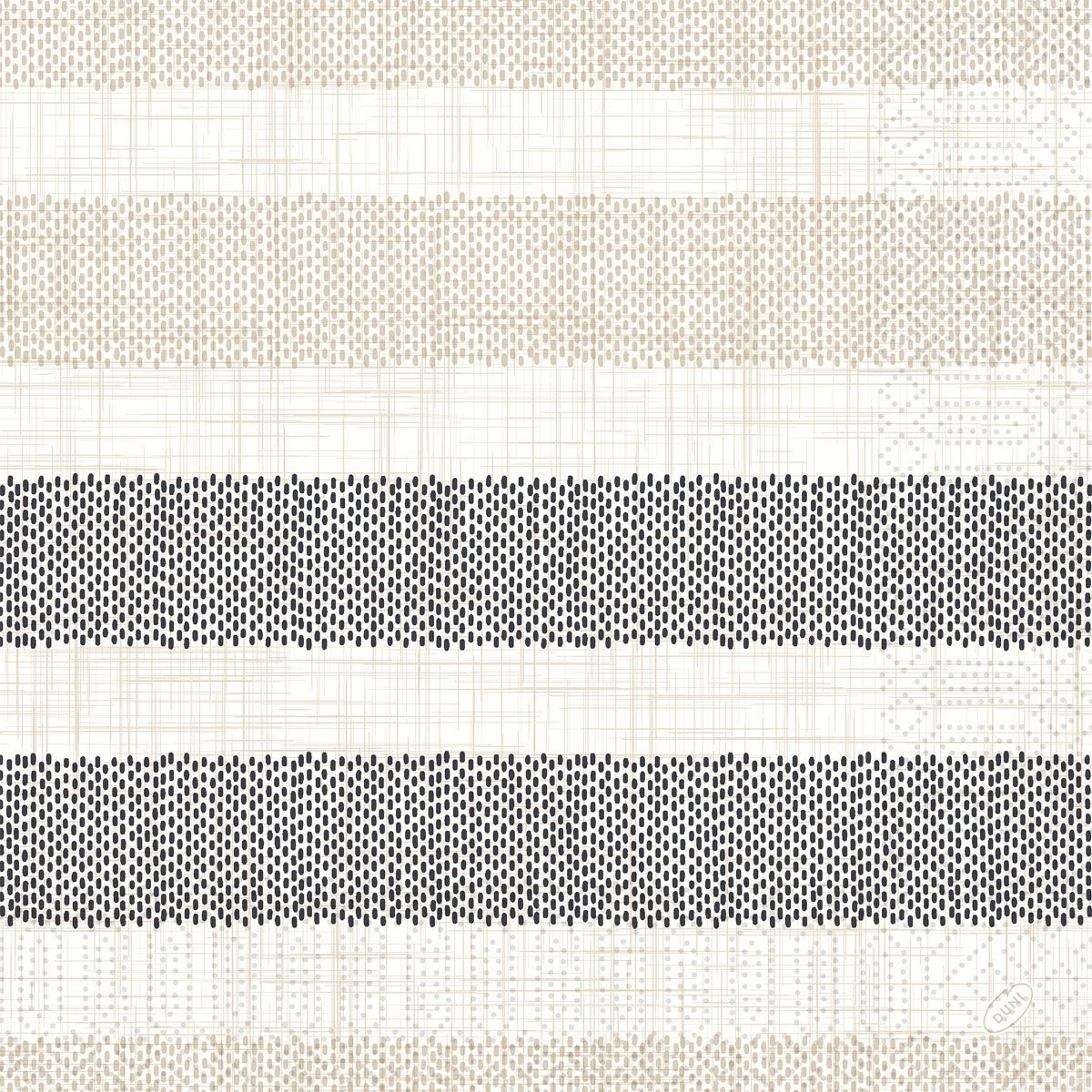 The Zellt.-Serv. 40, 3-ply, 1/4 Rigato in black from Duni GmbH features alternating beige, white, and black stripes with a textured grid look - ideal for elegant table decorations or as the perfect complement to black napkins. Pack of 250 napkins.
