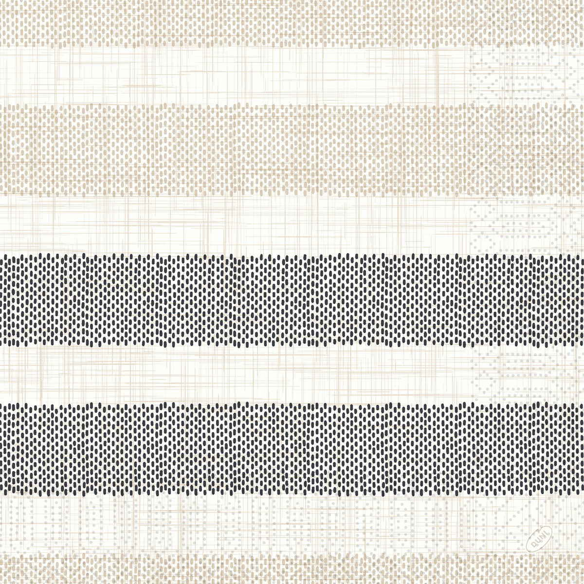 Das Rigato schwarz 53055 von Duni GmbH zeigt horizontale beige und schwarze Streifen auf weißem, strukturiertem Hintergrund, mit ungleichmäßigen beigen Linien und kräftigen schwarzen Streifen. Jede Packung enthält 250 elegante Einwegservietten.