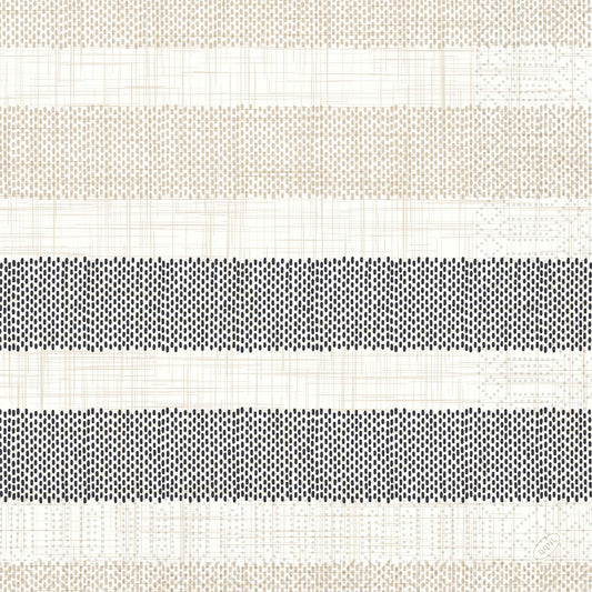 Das Rigato schwarz 53055 von Duni GmbH zeigt horizontale beige und schwarze Streifen auf weißem, strukturiertem Hintergrund, mit ungleichmäßigen beigen Linien und kräftigen schwarzen Streifen. Jede Packung enthält 250 elegante Einwegservietten.