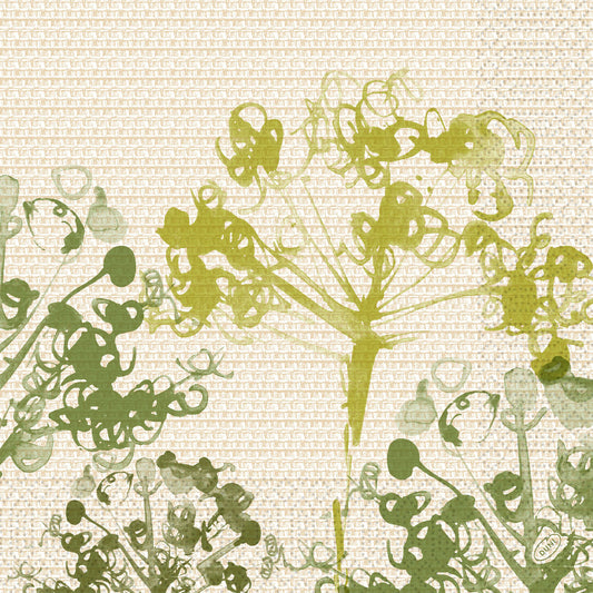 Green Umbles 53055 von Duni GmbH zeigt botanische grüne Silhouetten auf einem beigefarbenen Hintergrund in Weboptik und schafft so ein naturinspiriertes Muster - ideal für umweltfreundliche Servietten. Jede Packung enthält 250 Servietten.