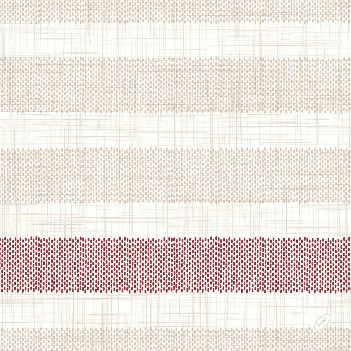 The Dunilin napkins 40x40 cm, Rigato Bordeaux by Duni GmbH have a white background with light beige horizontal stripes and a bold red dotted stripe at the bottom. Pack of 45 high-quality napkins - ideal for a stylish table decoration.