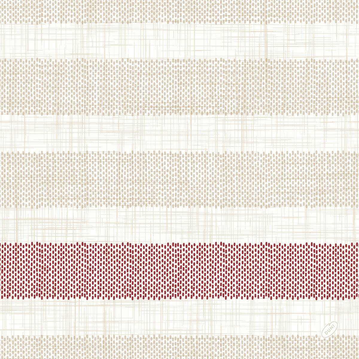 Die Dunilin®-Serviette 40 x 40 cm 1/4 Falz Rigato Bordeaux von Duni GmbH hat beige und hellgraue Querstreifen mit einem kräftigen bordeauxroten Streifen im unteren Bereich und eine gitterartige Struktur, ideal für elegante Tafeln. Packung mit 45 Servietten.