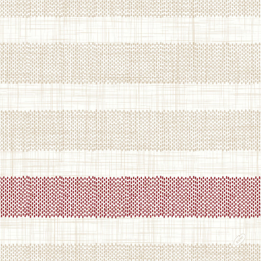 Die Dunilin®-Serviette 40 x 40 cm 1/4 Falz Rigato Bordeaux von Duni GmbH hat beige und hellgraue Querstreifen mit einem kräftigen bordeauxroten Streifen im unteren Bereich und eine gitterartige Struktur, ideal für elegante Tafeln. Packung mit 45 Servietten.