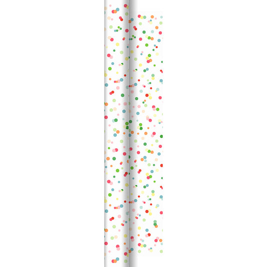 Das Happy Bubbles 60311 von Duni GmbH ist eine Rolle weißes Geschenkpapier mit bunten Tupfen - ideal für Bastelprojekte oder zur Verschönerung von Raumdekorationen.