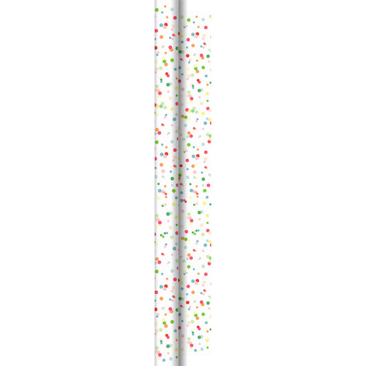 Zwei weiße Papierstrohhalme, gemustert mit kleinen roten, grünen, gelben und orangefarbenen Punkten wie die fröhlichen Happy Bubbles 60334 der Duni GmbH, sind auf weißem Hintergrund abgebildet.