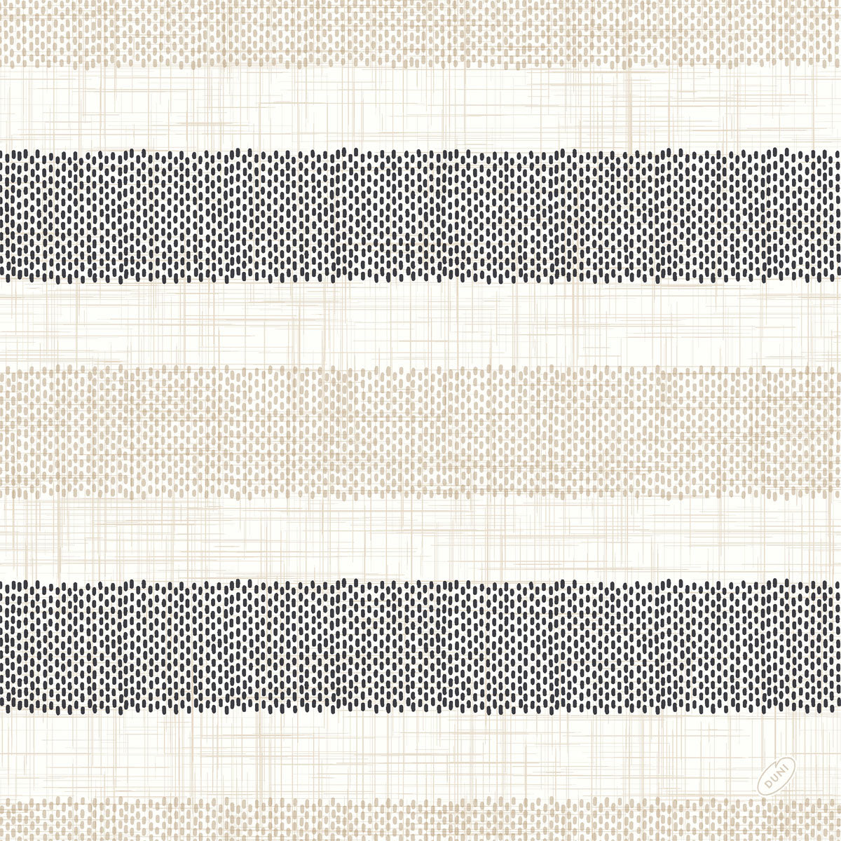 Die Rigato black 53071 Servietten der Duni GmbH zeigen abwechselnd beige und schwarze Punktstreifen auf einem weißen, stoffähnlichen, strukturierten Hintergrund. Das gleichmäßig verteilte, lineare Muster bringt Eleganz auf jeden gedeckten Tisch. Packung enthält 50 Servietten.