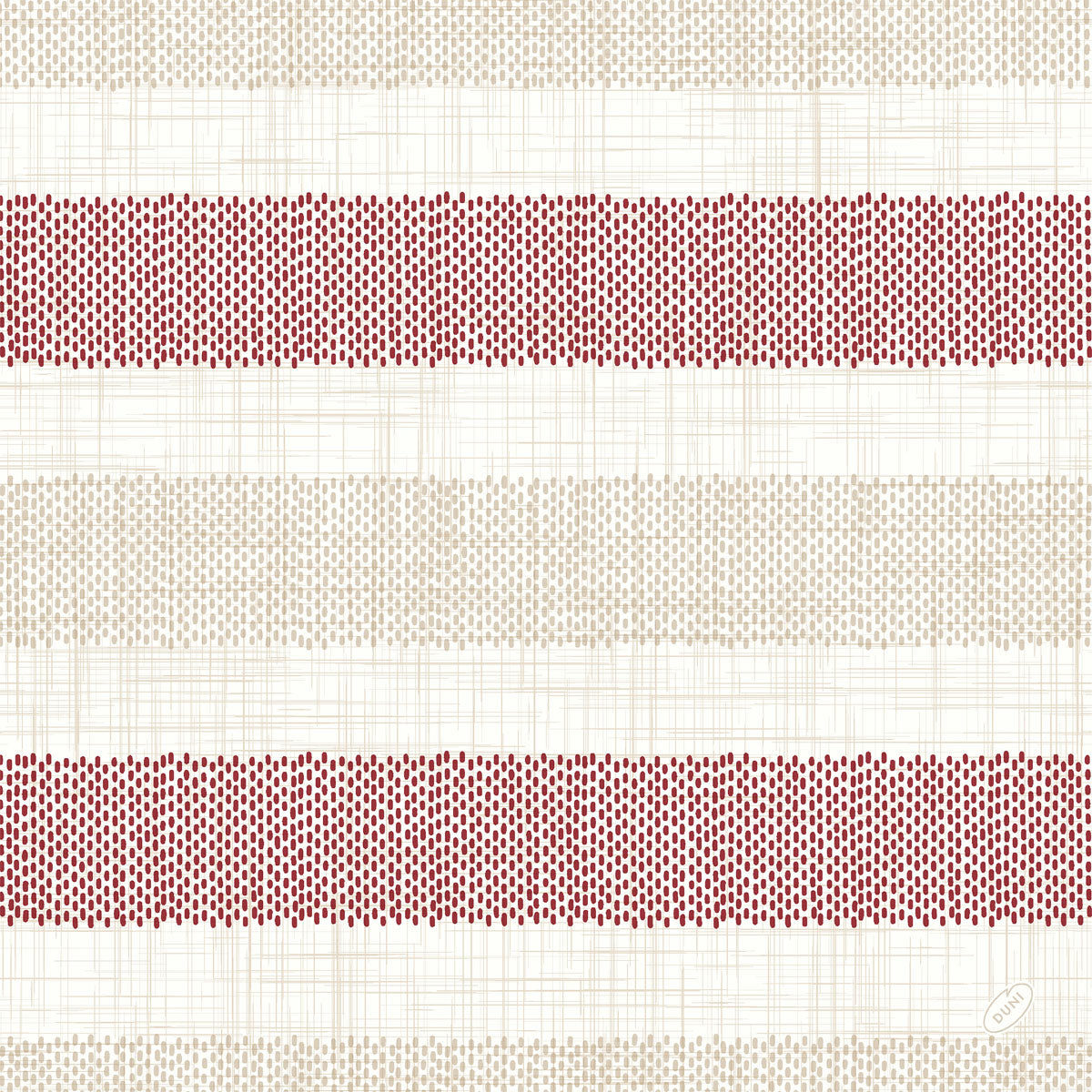 Die Rigato bordeaux 53071 Servietten (Packung mit 50) der Duni GmbH bieten ein Streifenmuster in Beige, Bordeaux und Weiß mit gewebter Textiloptik - ideal für Tischdekorationen.