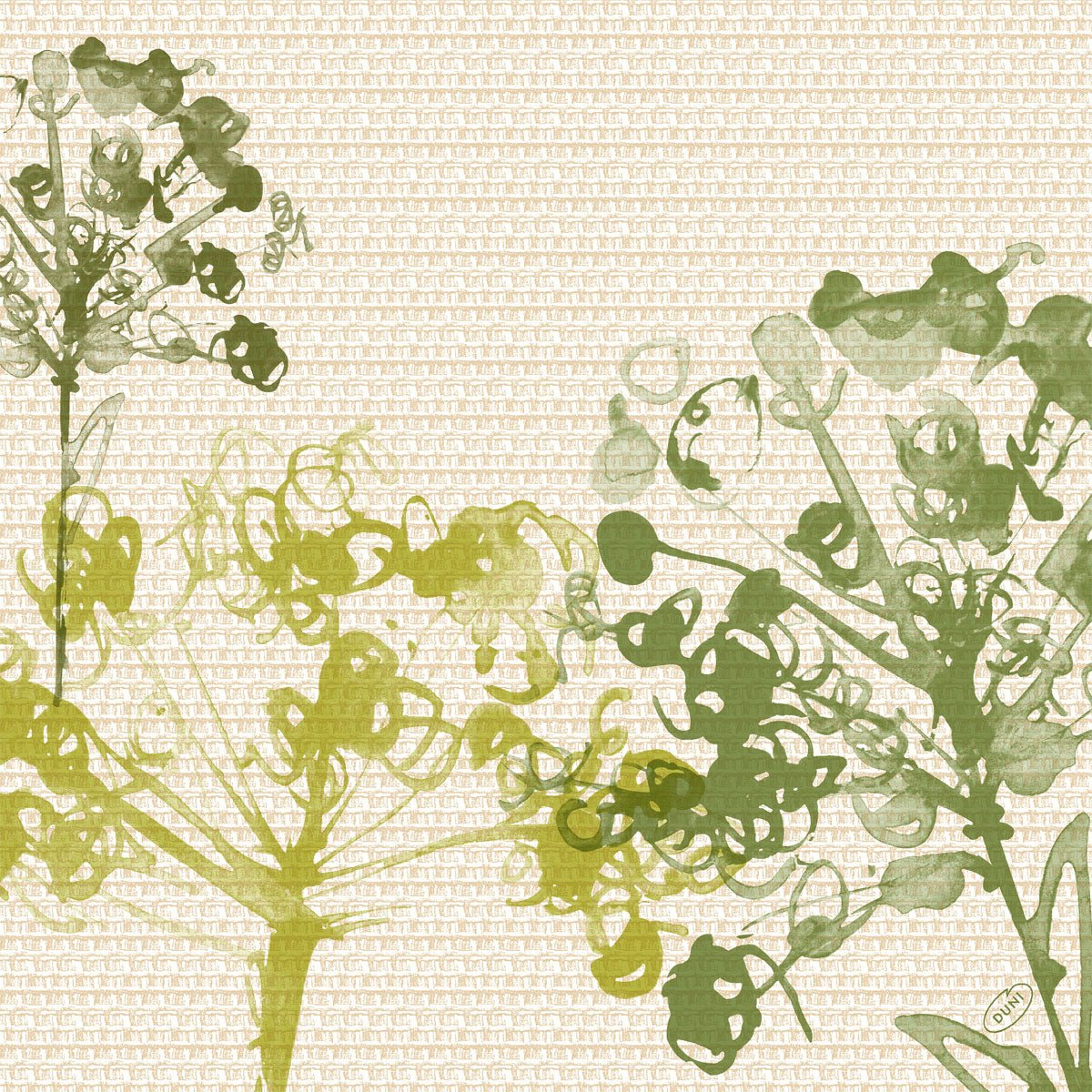Green and yellow botanical silhouettes in watercolor style adorn a beige geometric background. A round label marks "eco-friendly napkins". Product: Cell. Napkins 40x40 Classic Green Umbles (50 napkins), Duni GmbH.