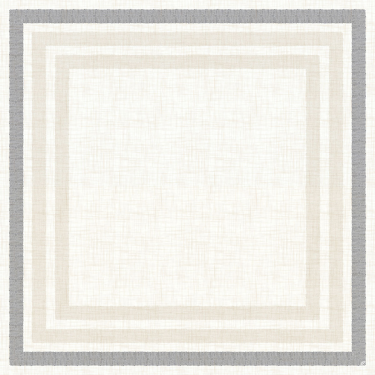Ein quadratisches Muster mit drei Rändern in Hellgrau, Beige und Dunkelgrau, inspiriert von dem minimalistischen Rigato black 60111 der Duni GmbH, erscheint auf einem weißen, strukturierten Hintergrund. Klare Linien sorgen für einen eleganten, geometrischen Look.