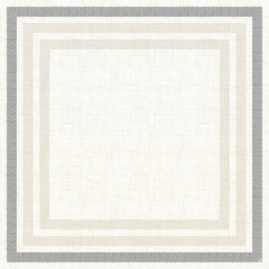 Ein quadratisches Muster mit drei Rändern in Hellgrau, Beige und Dunkelgrau, inspiriert von dem minimalistischen Rigato black 60111 der Duni GmbH, erscheint auf einem weißen, strukturierten Hintergrund. Klare Linien sorgen für einen eleganten, geometrischen Look.