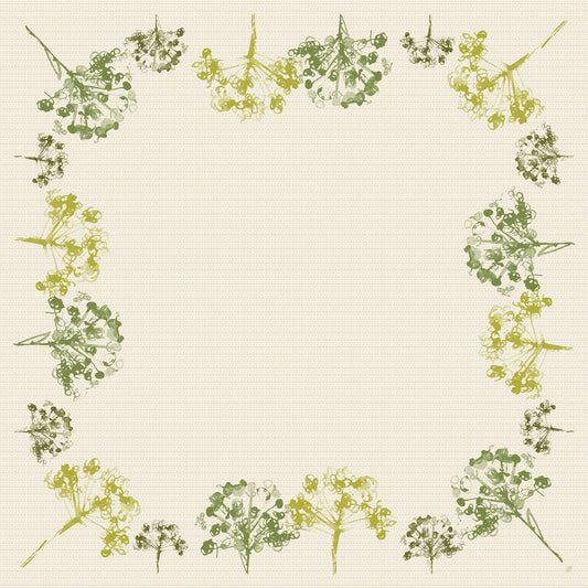 Green Umbles 64091 von Duni GmbH: mit einer quadratischen Umrandung aus grünen und gelben botanischen Motiven wie zarten Dolden oder Samenköpfen auf einem strukturierten beigen Hintergrund mit unbedruckter Mitte, 20er-Pack.