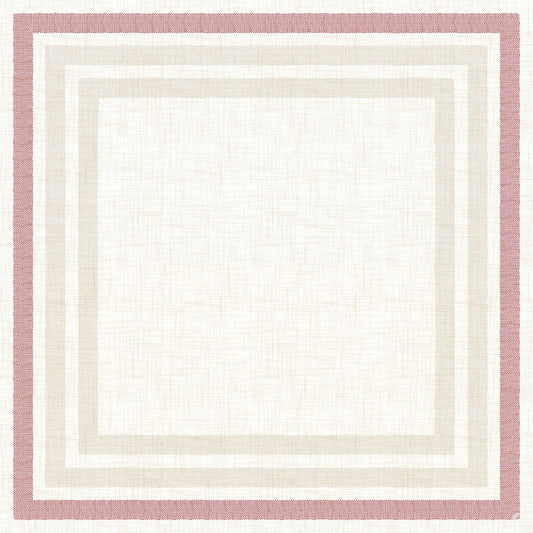 Ein quadratisches Design mit drei Bordüren - ein breites Bordeaux, ein dünneres Hellbeige und ein dünnes Off-White - umrahmt eine strukturierte weiße Mitte; perfekt für Rigato bordeaux 60116, Packung (100 Stück) der Duni GmbH.